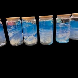 Blue and White Swirl Glass Jar with Wooden Lids